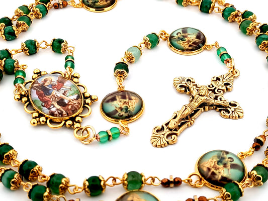 Saint Michael the Archangel green agate gemstone unique rosary beads with gold plated filigree crucifix.