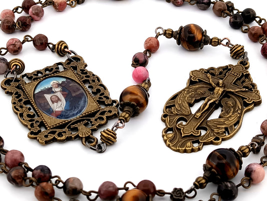 Saint Veronica and the Holy Face rhodochrosite and tigers eye gemstone unique rosary beads with two angels crucifix.