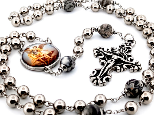 Saint Michael the Archangel stainless steel and larvikite gemstone unique rosary beads with stainless steel filigree crucifix.