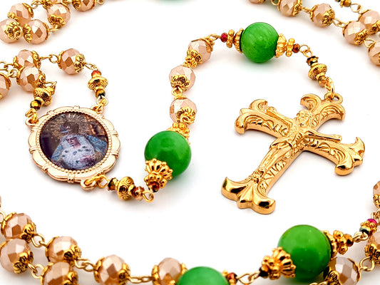 Virgin of hope of Macarena unique rosary beads glass and agate gemstone rosary beads with gold fan crucifix.