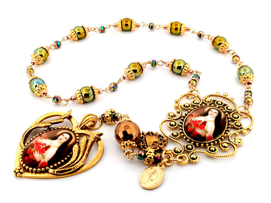 Saint Therese unique rosary beads hematite single decade rosary with large Saint Therese picture medal.
