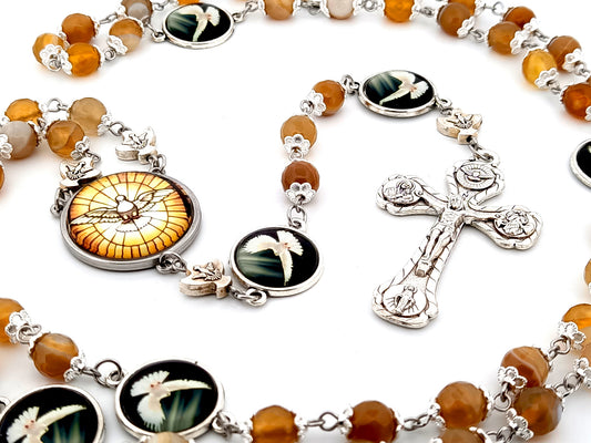 Holy Spirit faceted agate gemstone unique rosary beads prayer chaplet with four Basilica crucifix.