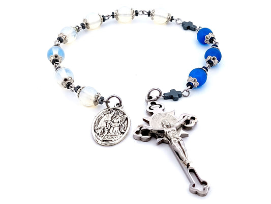 Guardian Angel opal gemstone unique rosary beads prayer chaplet with stainless steel Saint Benedict crucifix.