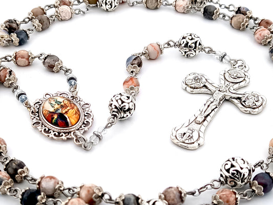 Saint Anne and Joachim rhodonite gemstone unique rosary beads with four Basilicas crucifix.