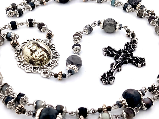 Saint Philomena zebra jasper gemstone unique rosary beads with stainless steel filigree crucifix.