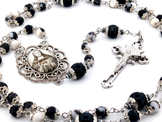 Sacred Heart of Jesus zebra jasper gemstone unique rosary beads with Saint Benedict crucifix.