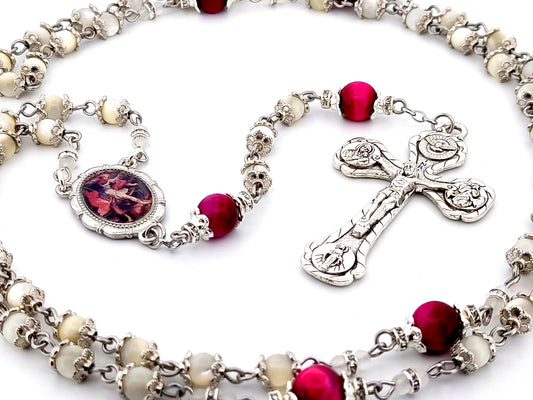 Saint Michael the Archangel mother of pearl and pink tigers eye unique rosary beads with Four Basilica crucifix.