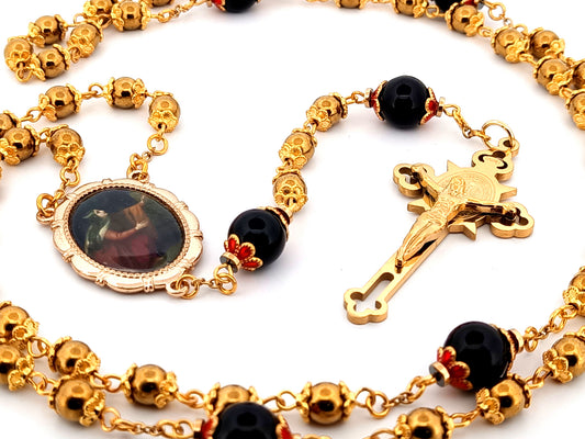 Saint Mary Magdalene gold hematite and onyx gemstone unique rosary beads with gold plated Saint Benedict crucifix.