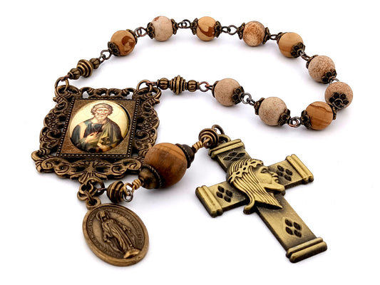 Saint John the Baptist matte picture jasper gemstone single decade unique rosary beads with crown of thorns crucifix.