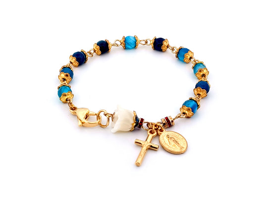 Miraculous Medal striped agate gemstone and lily unique rosary bead bracelet with gold plated crucifix.