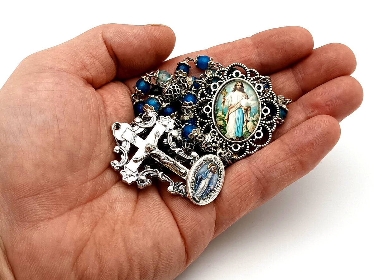 The Good Shepherd blue striped agate and silver gemstone unique rosary beads with filigree crucifix.