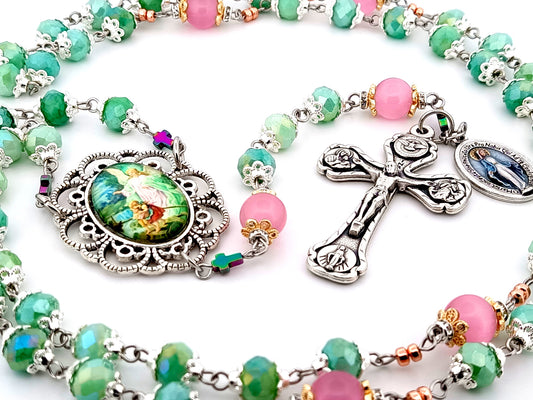 Guardian Angel green and pink glass unique rosary beads with Four Basilica crucifix.