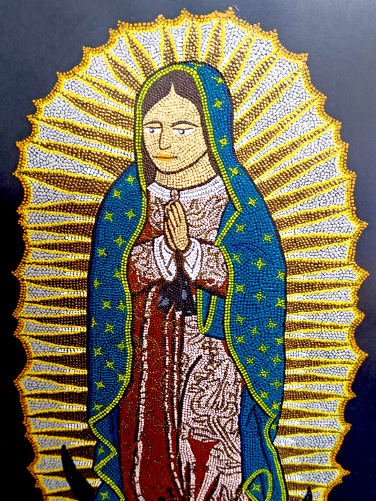Our Lady of Guadalupe hand painted mandala mosaic icon artwork in gilt wood frame with black and gold double mount.