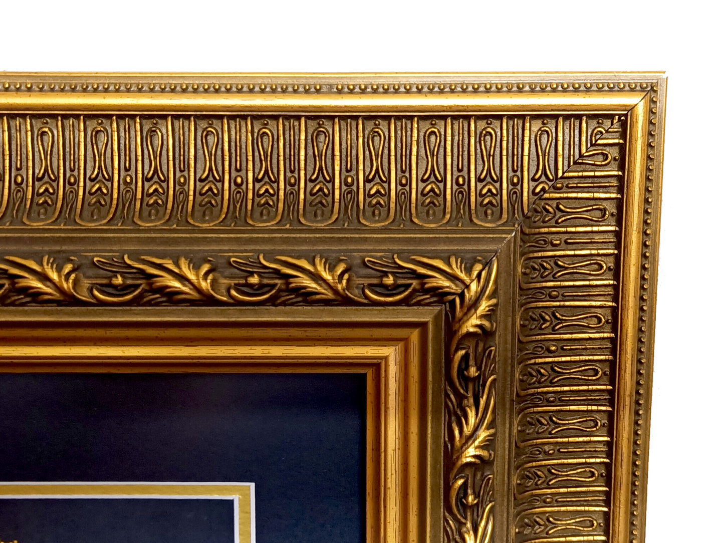 Our Lady of Guadalupe hand painted mandala mosaic icon artwork in gilt wood frame with black and gold double mount.