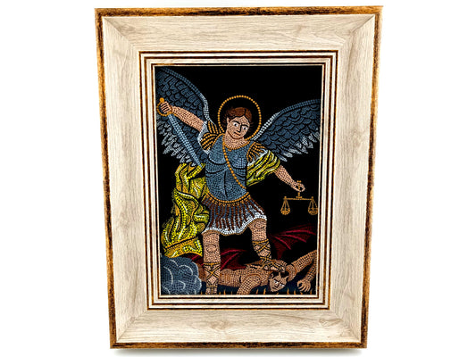 Saint Michael the Archangel hand painted mandala mosaic icon artwork in gilt wood effect picture frame.