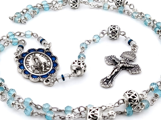 Our Lady of Fatima blue topaz gemstone unique rosary beads with 925 sterling silver pardon crucifix.