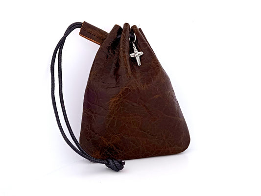 Real leather rosary pouch with draw string and small crucifix in aqua and vintage brown leather.