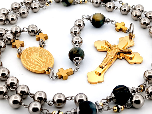 Saint Benedict stainless steel and tigers eye gemstone unique rosary beads with gold plated stainless steel 3D crucifix.