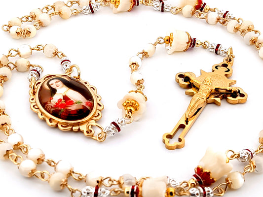 Saint Therese of Lisieux mother of pearl unique rosary beads with gold plated Saint Benedict crucifix.
