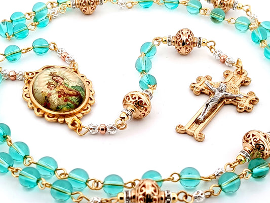 Our Lady of Mount Carmel Austrian crystal and gold unique rosary beads with gold scroll Saint Benedict crucifix.