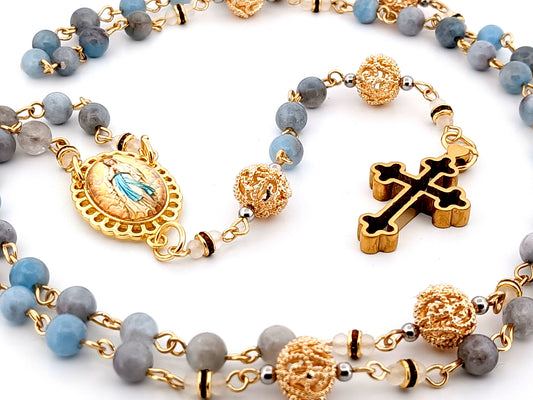 Immaculate Conception aqua marine gemstone and 18K gold unique rosary beads with gold plated 3D cross.