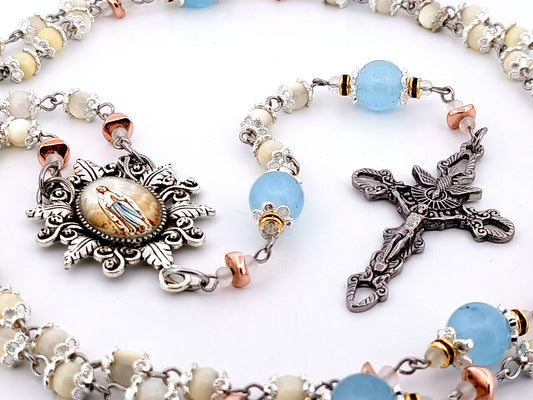 Immaculate Conception mother of pearl and blue glass unique rosary beads with Holy Spirit crucifix.