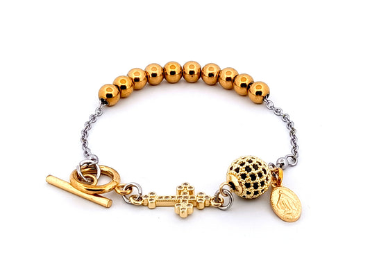 Miraculous Medal 18K gold plated stainless steel and cubic zirconia single decade rosary bead bracelet with small 18K gold cross.