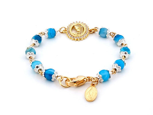 Virgin Mary striped blue agate gemstone single decade rosary beads with gold plated Miraculous medal.