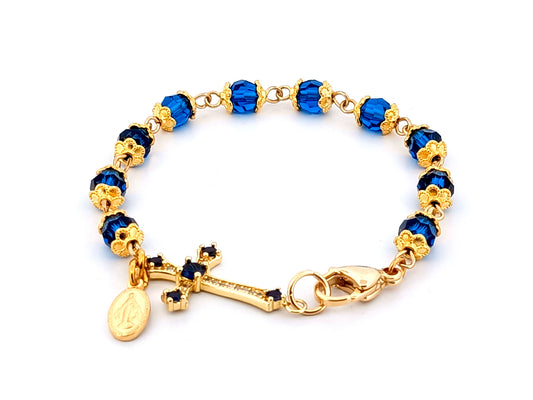 Miraculous medal blue Preciosa crystal single decade rosary bead bracelet with 18ct gold cubic zirconia cross.