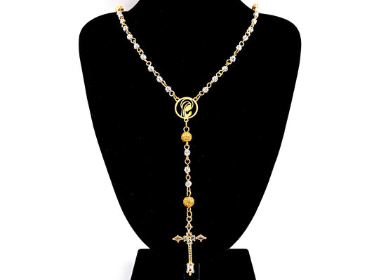 Praying Virgin Mary 925 sterling silver and 18ct gold plated unique rosary beads necklace with cubic zirconia cross.