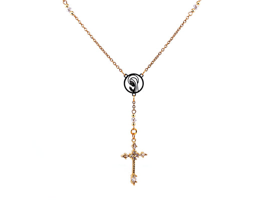 Praying Virgin Mary 925 sterling silver and 18K gold plated stainless steel necklace with small cubic zirconia crucifix.