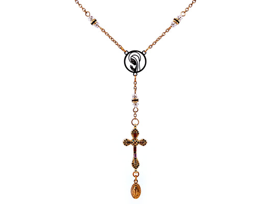 Praying Virgin Mary 925 sterling silver and 18K gold plated stainless steel necklace with small cubic zirconia cross.