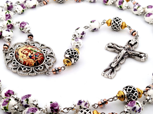 Our Lady of Perpetual Help purple floral porcelain and silver unique rosary beads with silver lily crucifix.