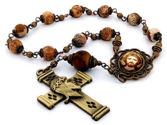 Christ Pantocrator icon matt jasper gemstone single decade rosary beads with brass crown of thorns crucifix.