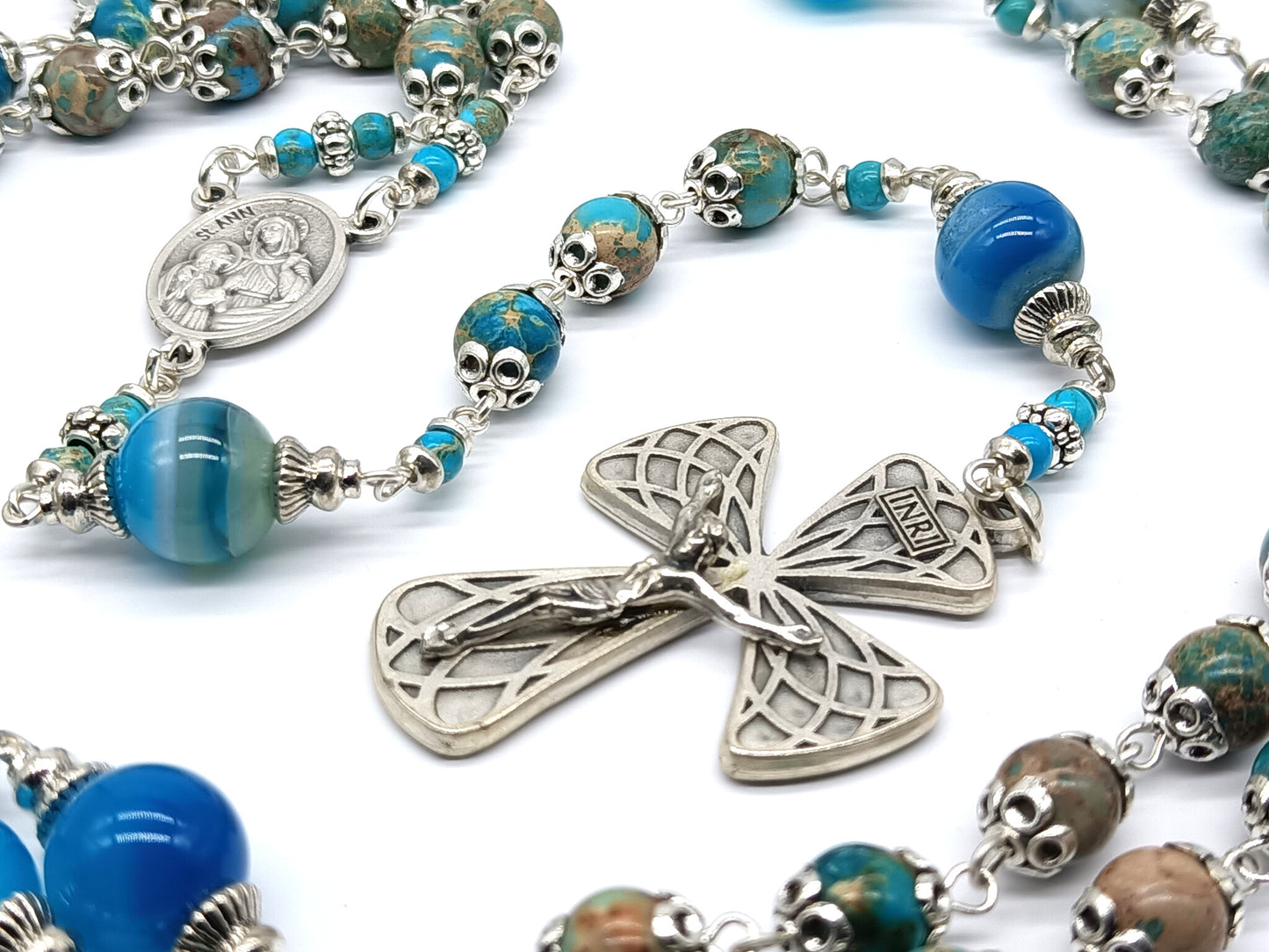 Saint Ann unique rosary beads with gemstone beads, silver crucifix, centre medal and blue glass pater beads.