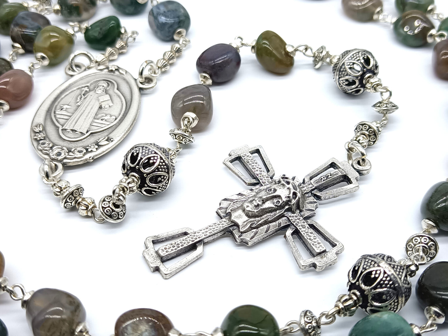 Large Saint Benedict unique rosary beads with agate gemstone beads, crown of thorns crucifix, silver pater beads and St Benedict centre medal.