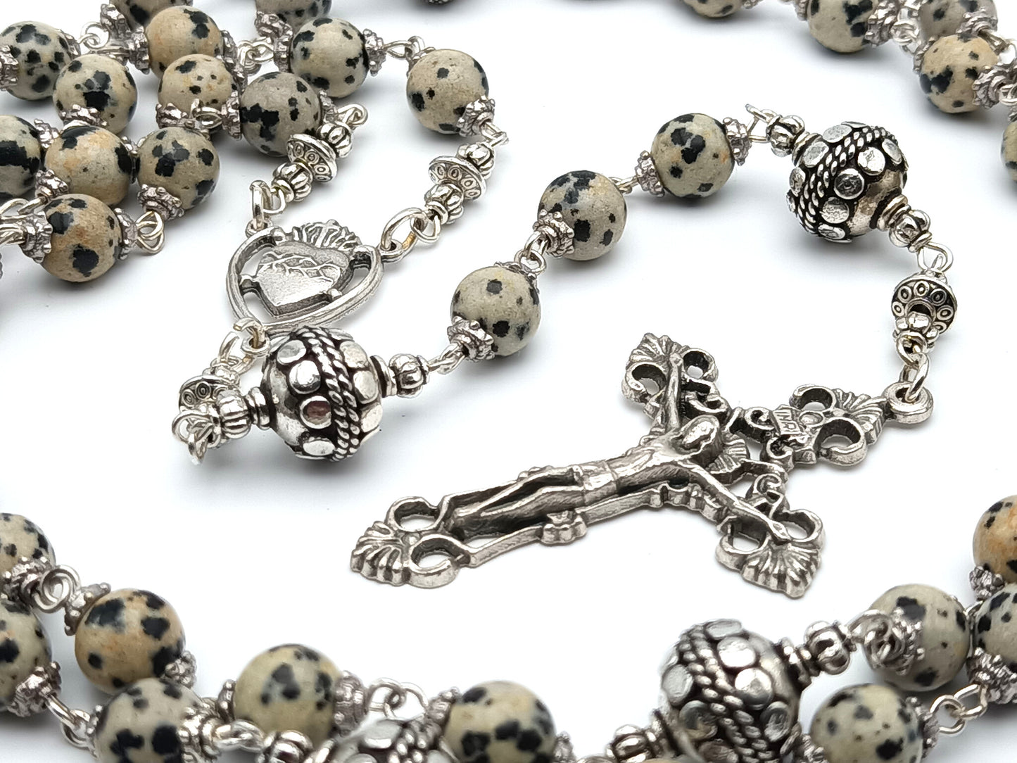 Sacred Heart of Jesus unique rosary beads with gemstone beads, silver crucifix, pater beads and centre medal.