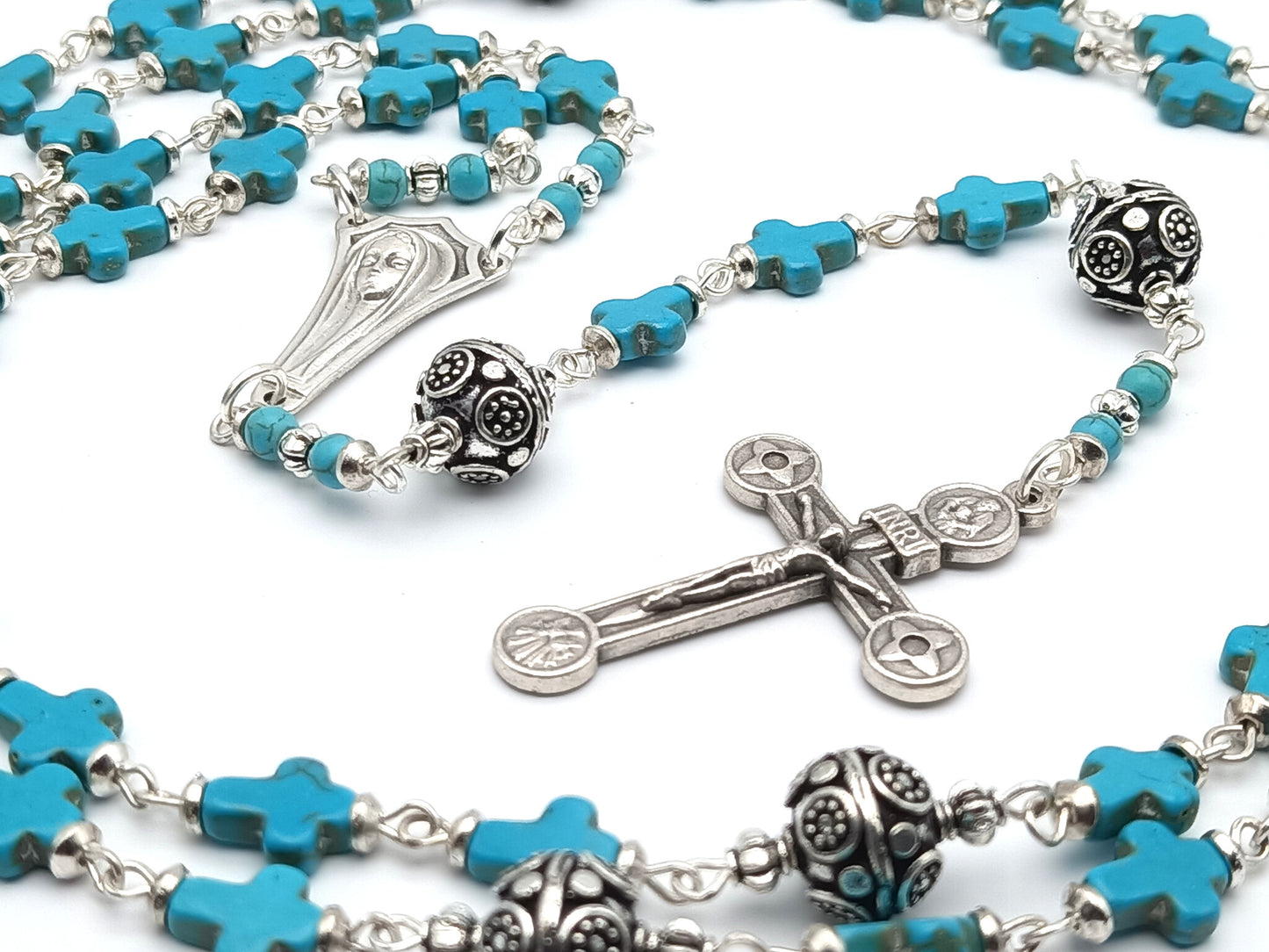 Our Lady of Fatima unique rosary beads with turquoise gemstone beads, silver crucifix, pater beads and centre medal.