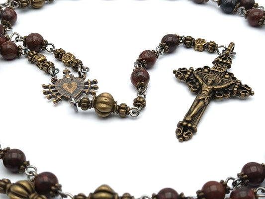 Seven Sorrows unique rosary beads with gemstone beads, bronze crucifix, pater beads and centre medal.