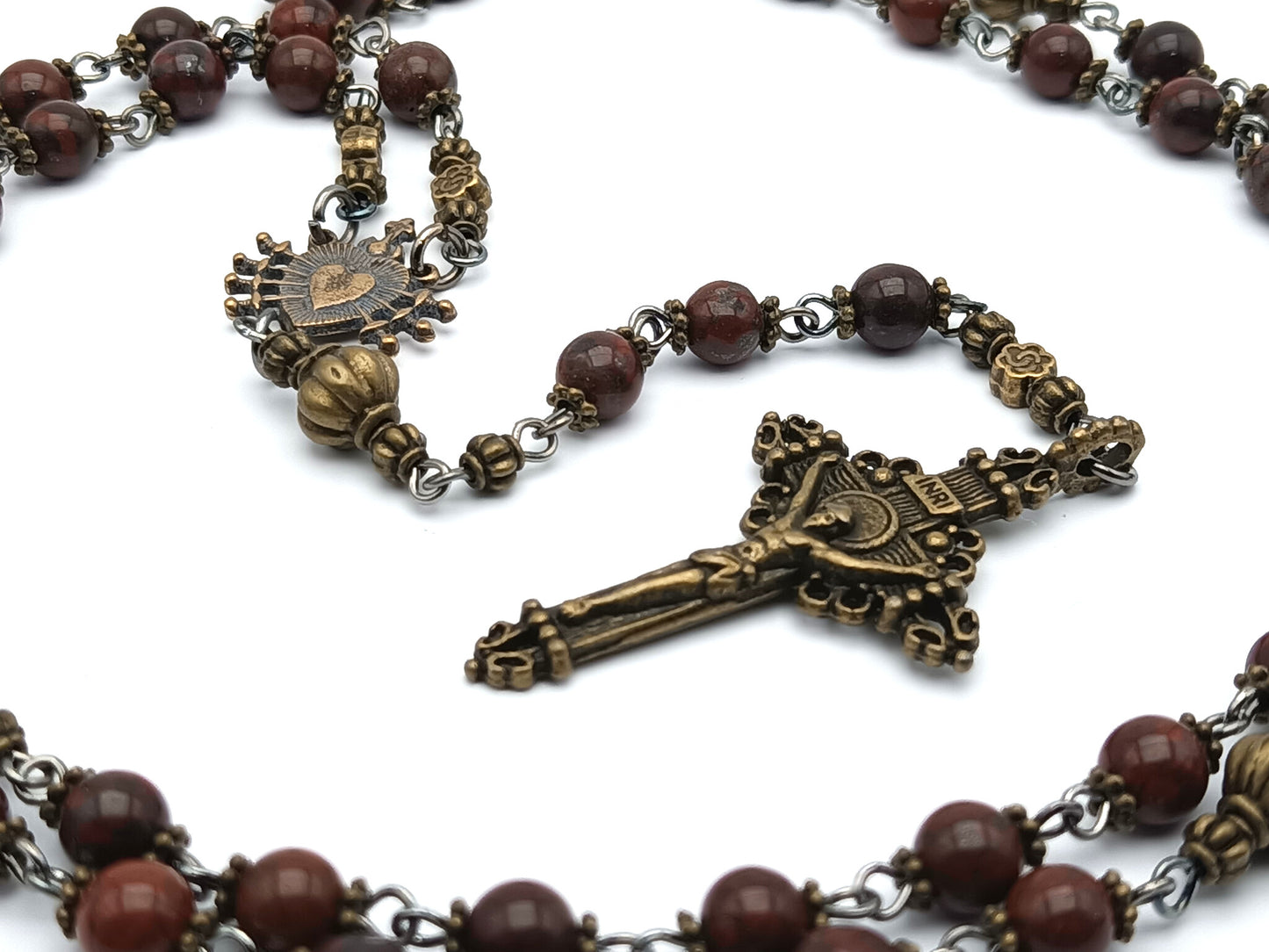 Seven Sorrows unique rosary beads with gemstone beads, bronze crucifix, pater beads and centre medal.
