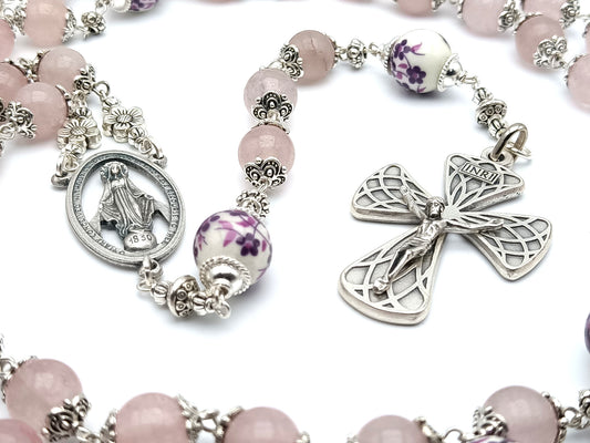 Immaculate Conception unique rosary beads with rose quartz gemstone beads, silver crucifix, porcelain pater beads and silver miraculous centre medal.