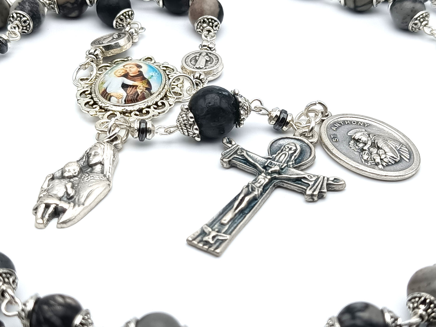 Saint Anthony of Padua unique rosary beads prayer chaplet with grey gemstone beads, silver Holy Trinity crucifix, picture centre medal and Virgin and Child medal.