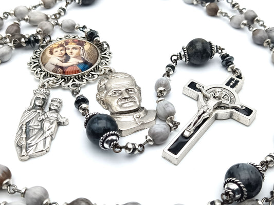 Our Lady help of Christians unique rosary beads with gemstone and Jobs tears beads, Saint Dom Bosco medal and Saint Benedict crucifix.