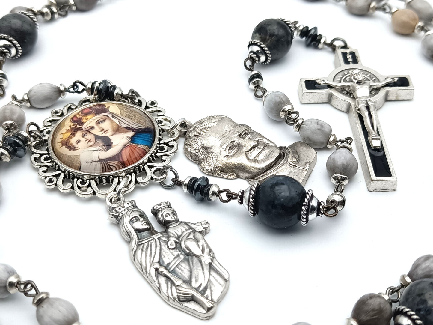 Our Lady help of Christians unique rosary beads with gemstone and Jobs tears beads, Saint Dom Bosco medal and Saint Benedict crucifix.