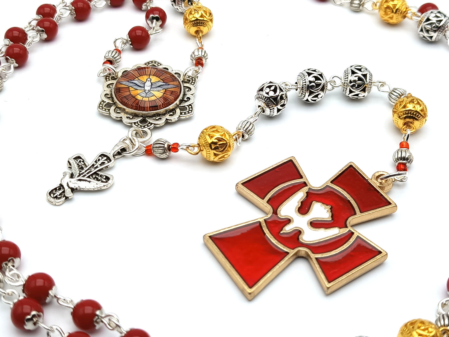 Holy Spirit unique rosary beads prayer chaplet with red porcelain, gold and silver beads, red enamel Holy Spirit crucifix and silver picture medal.
