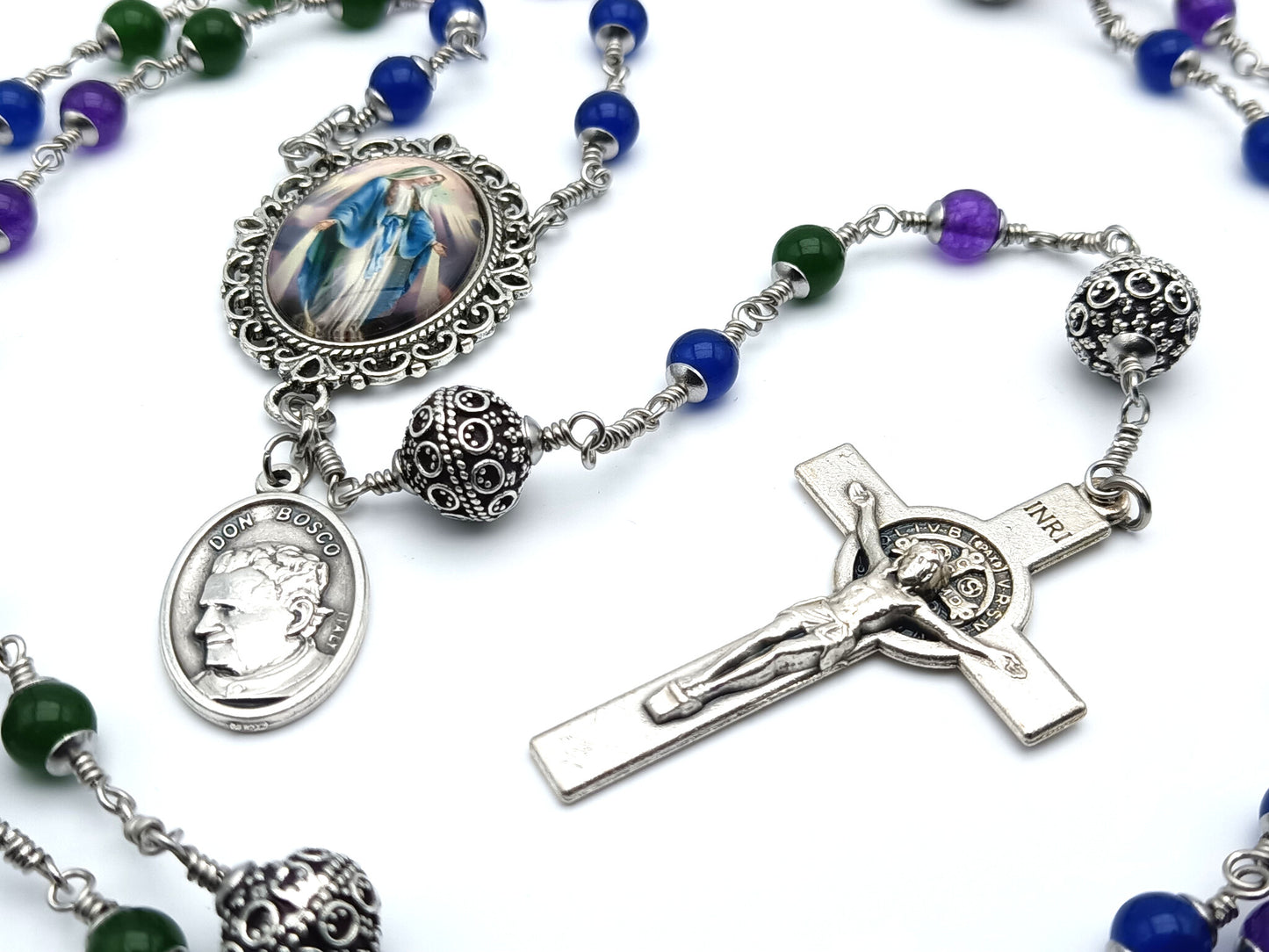 Unbreakable Immaculate Conception unique rosary beads with agate gemstone beads, filigree silver pater beads, Saint Benedict crucifix and picture centre medal.