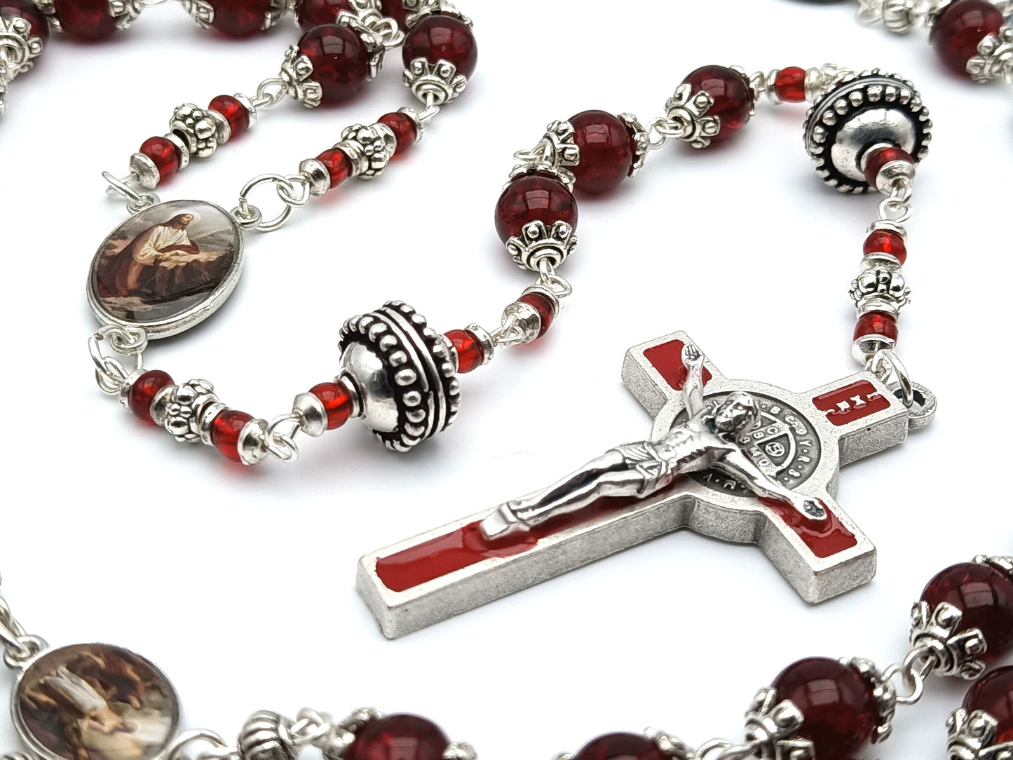 Sorrowful mysteries unique rosary beads with red glass and silver beads, red enamel Saint Benedict crucifix and picture medals.