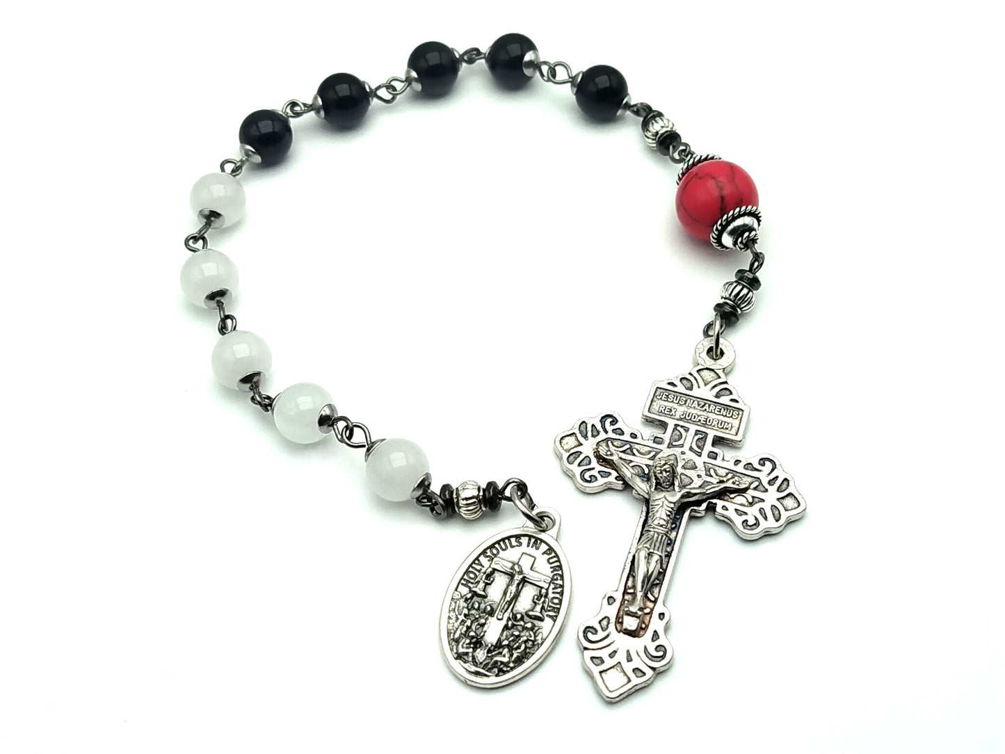 Holy Souls unique rosary beads single decade with red howlite, black onyx and white opal beads and stainless steel bead caps, Pardon crucifix and Holy Souls medal.
