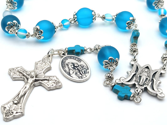Our Lady of Mount Carmel unique rosary beads single decade with blue glass beads, silver miraculous medal centre medal, vine leaves crucifix and Our Lady of Mount Carmel medal.
