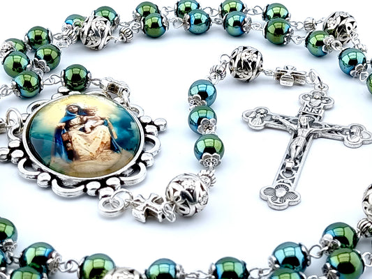 Our Lady of Mount Carmel unique rosary beads with blue green hematite gemstone beads, silver pater beads, crucifix and picture centre medal.
